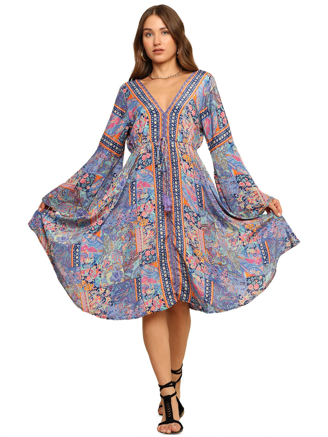 GALE GIRLS Bohemian Print Flared Sleeves Knee Length Dress