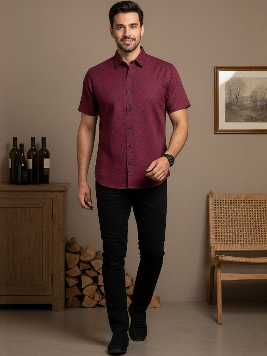 Roadster Men Cotton Spread Collar Textured Party Shirt