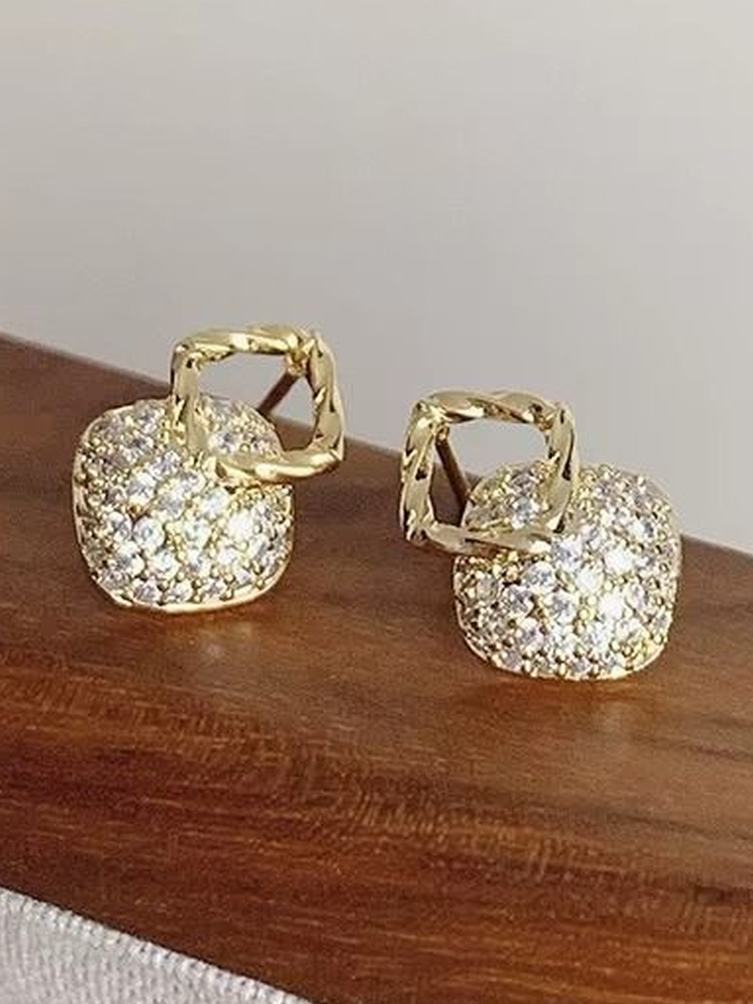Aurum & You Silver Crystals Studded Double Layers Square Studs