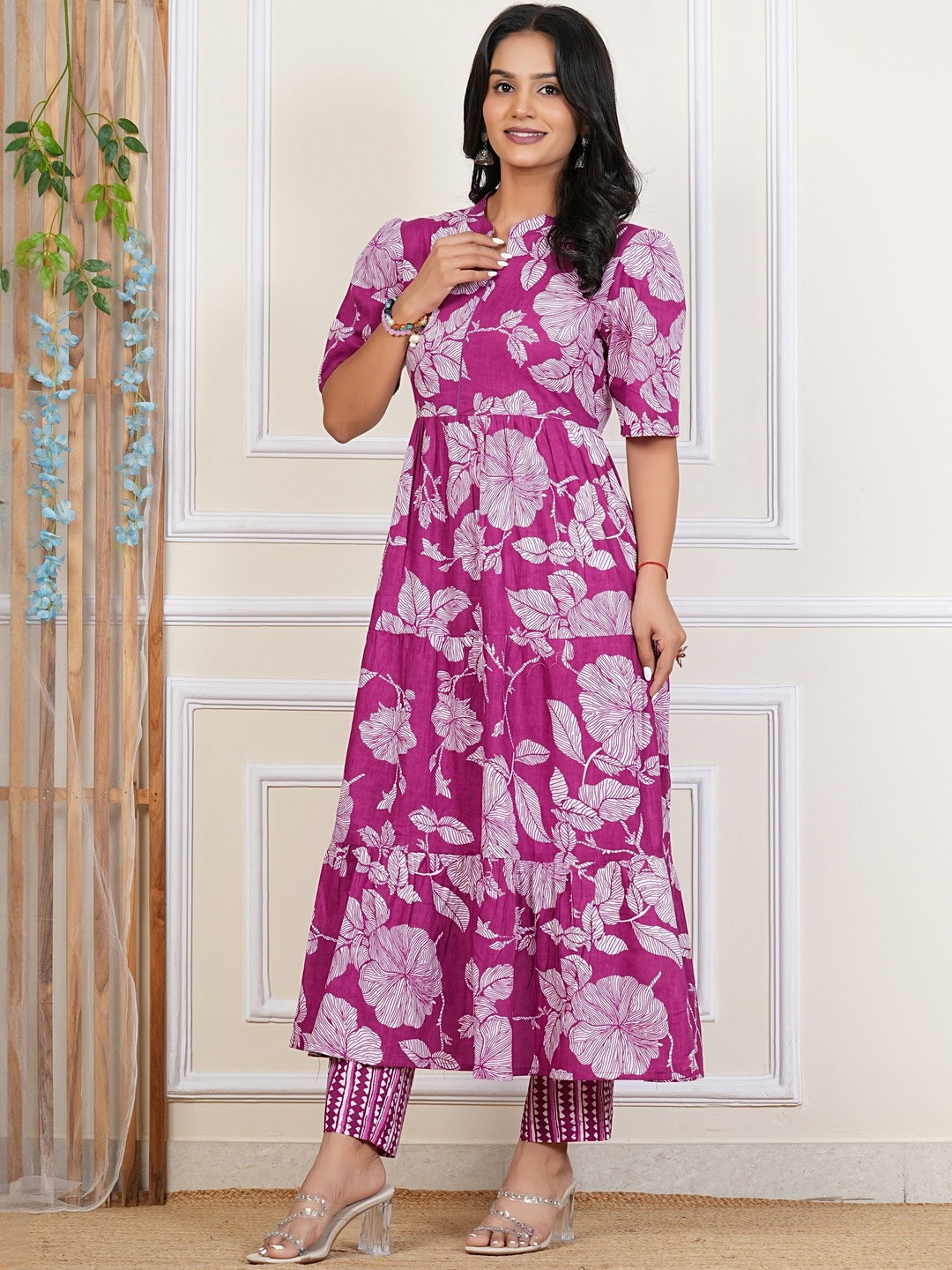 PRIYAGANI GARMENTS Womens Cotton Pink Gown with Pants  Front Zip Kurta Set