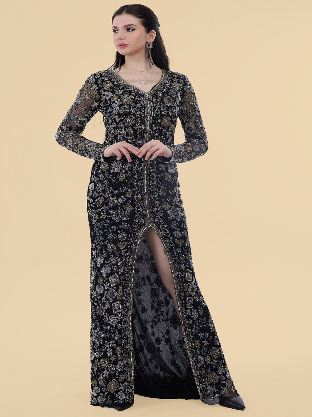 MILU MADAN FERISHA Women Embellished Beads and Stones Net Gown Maxi Dress