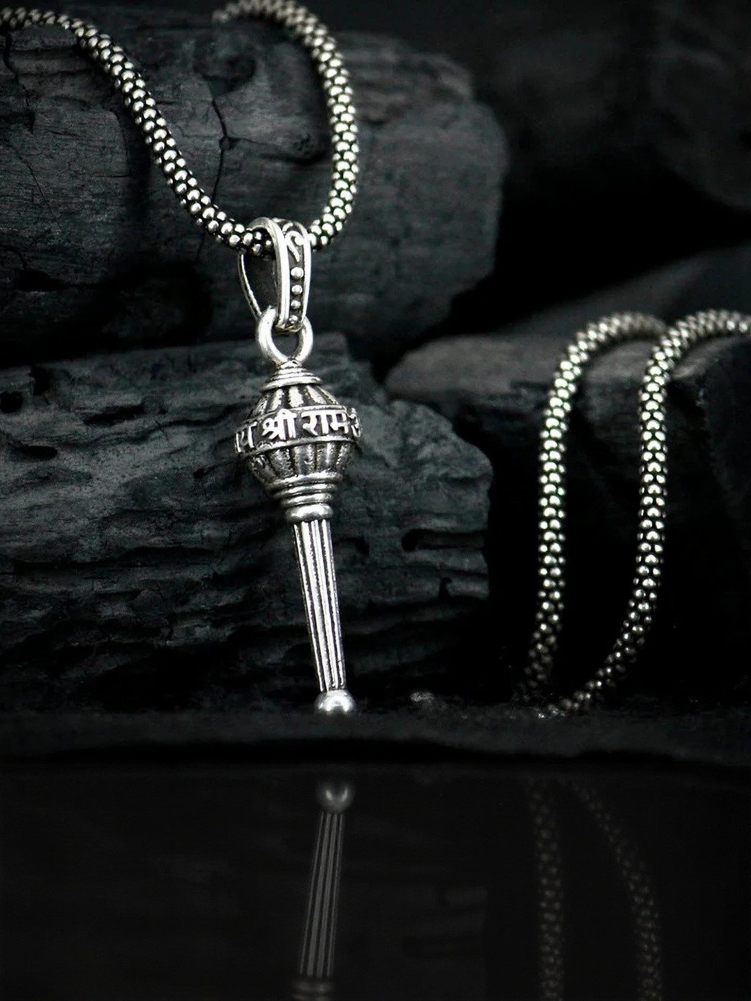 Janki Retails Unisex Stainless Steel Hanuman Ji Gada Oxidised Pendant With Chain