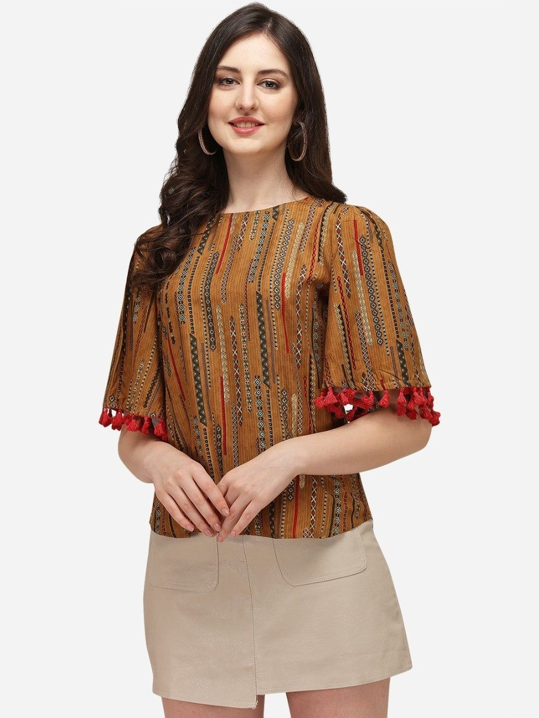 SZN Women Ethnic Motifs Printed Round Neck Flared Sleeves Crop Tops
