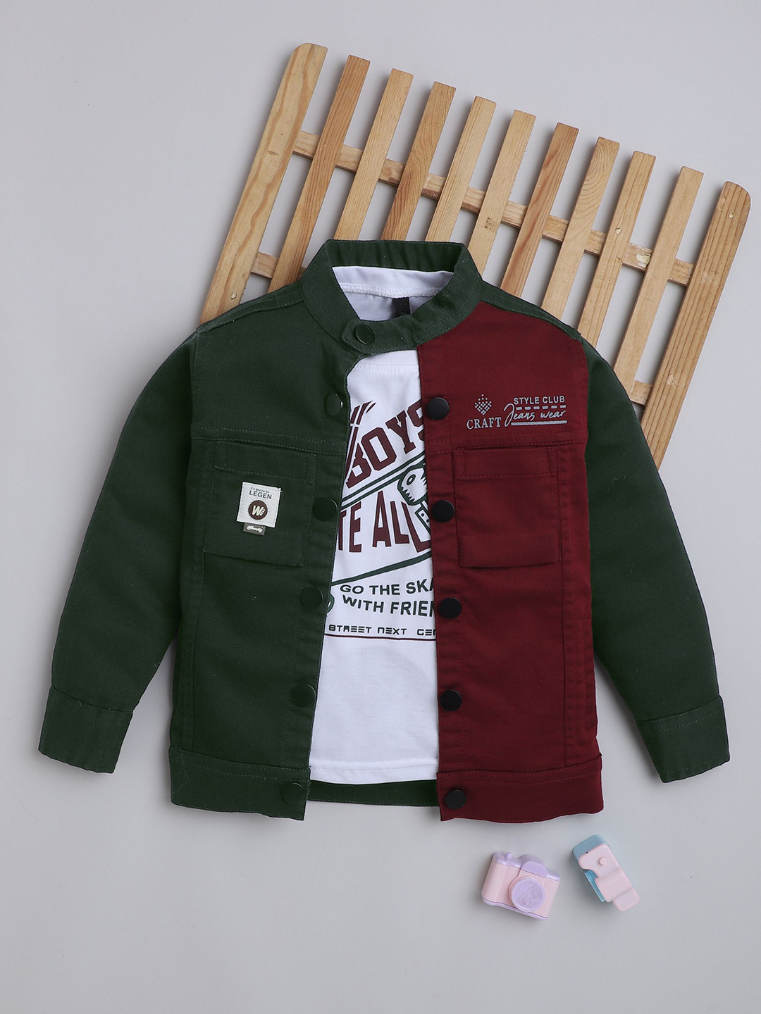 Ministitch Boys Colorblocked Mandarin Collar Lightweight Denim Jacket With T-shirt