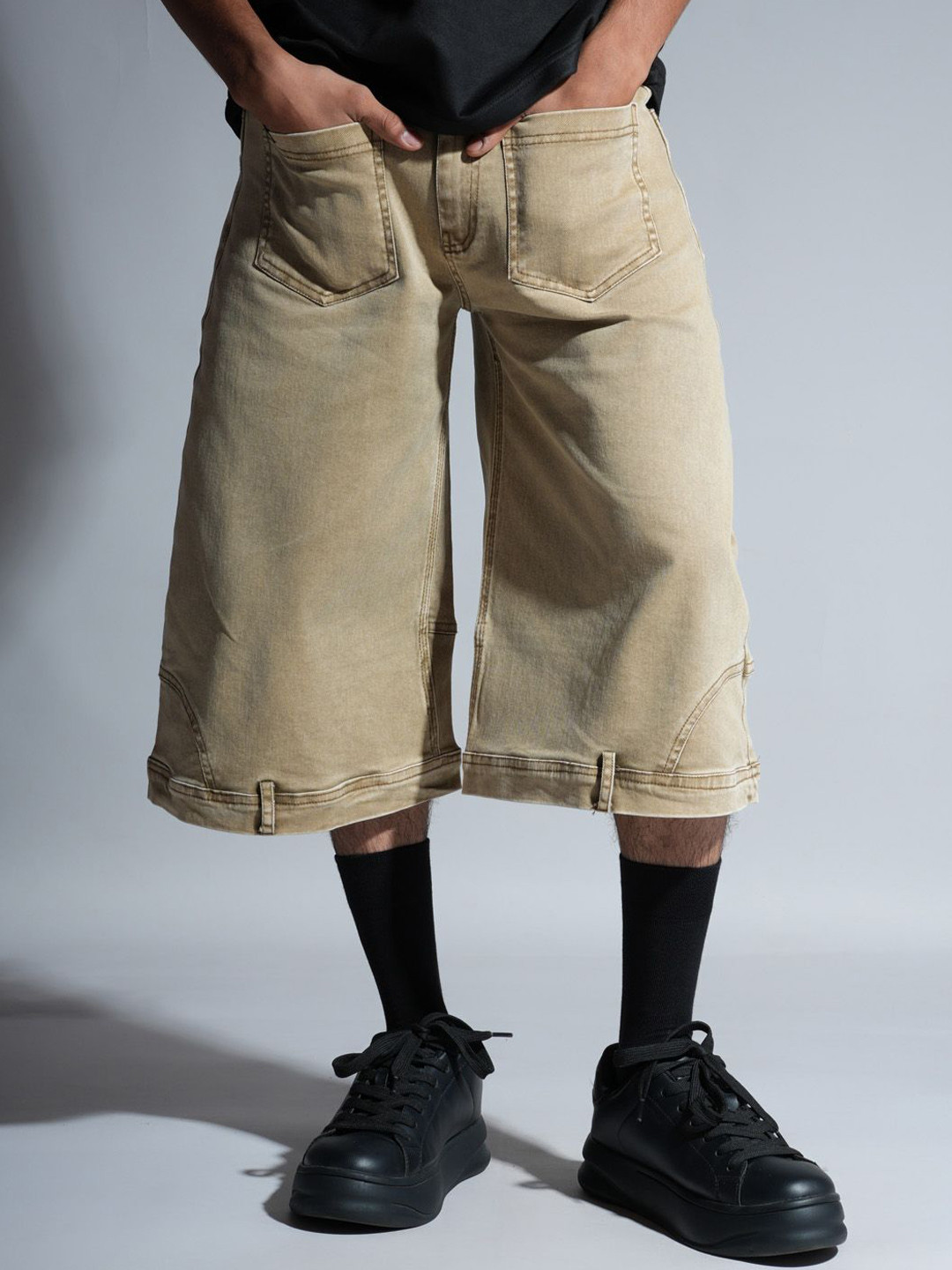 HOP HEAD Unisex Washed Mid-Rise Denim Baggy Jorts