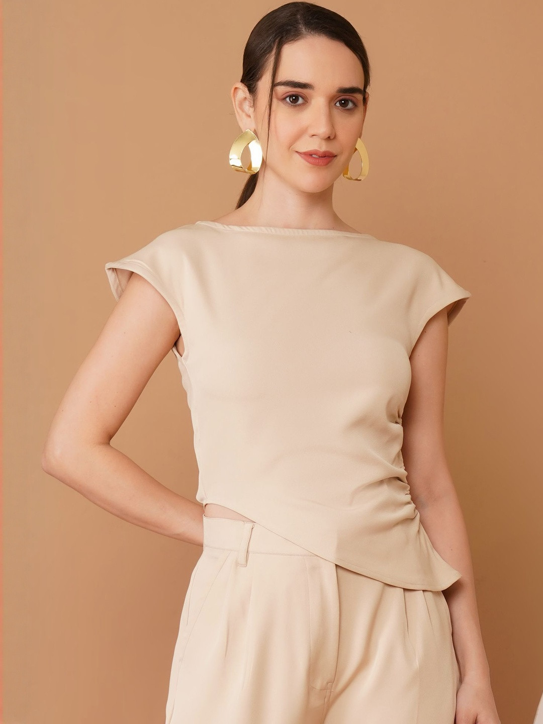 Boat Neck Cap Sleeves Asymmetric Hem Top 6