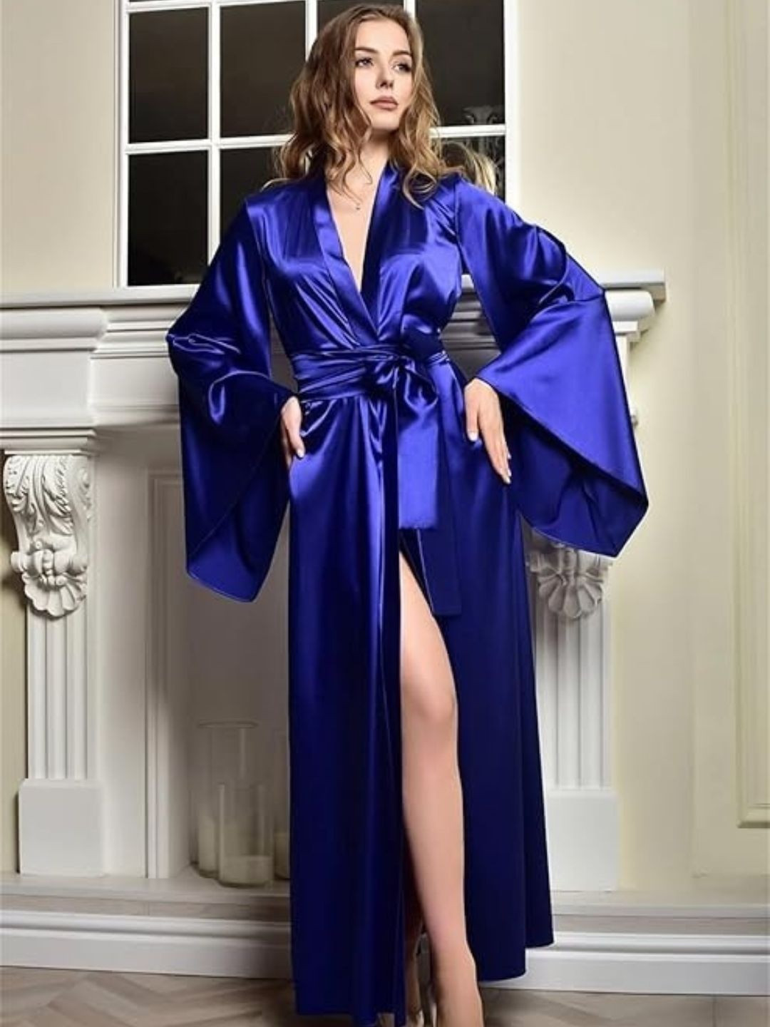 For You For Me Women Royal Blue Satin Longline Robe with Belt