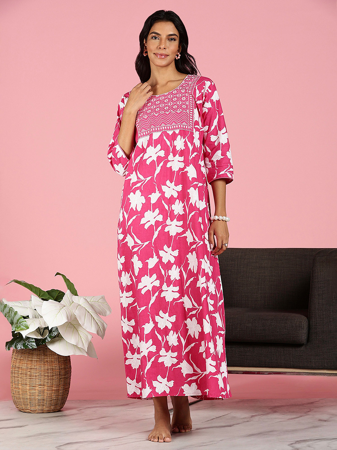 9shines Label Women Floral Printed Jaipuri Pure Cotton Nightdress