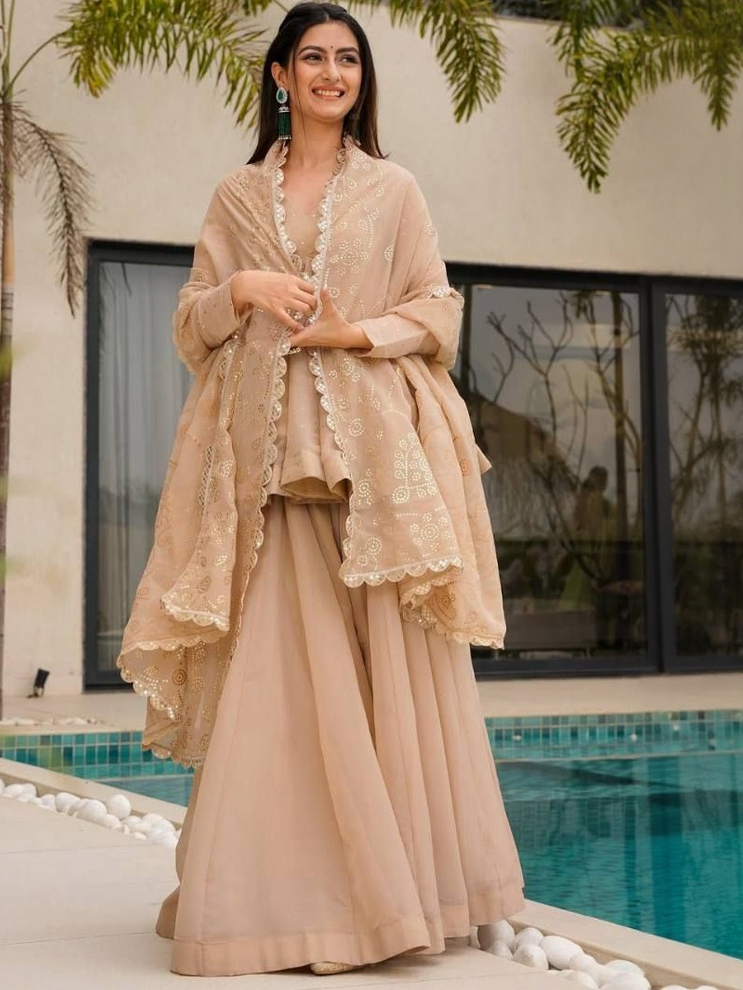 MAHI CREATION Sequinned V-Neck Tiered Organza Kurta With Sharara & Dupatta