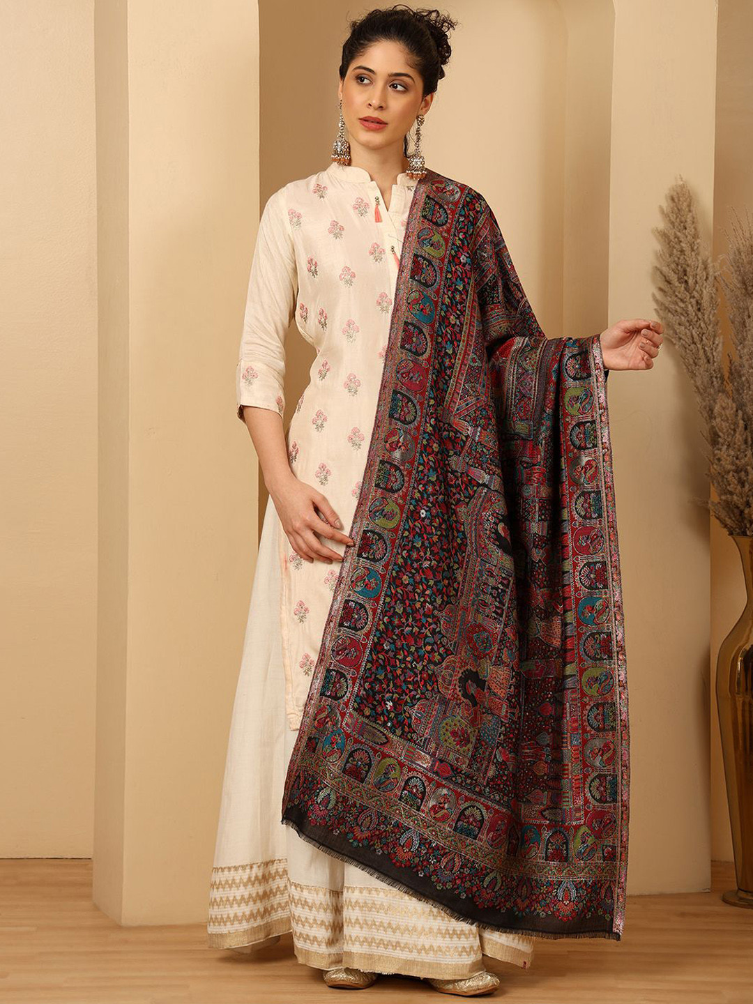 Tweedle Women Woven Darbar Design Fringed Stole