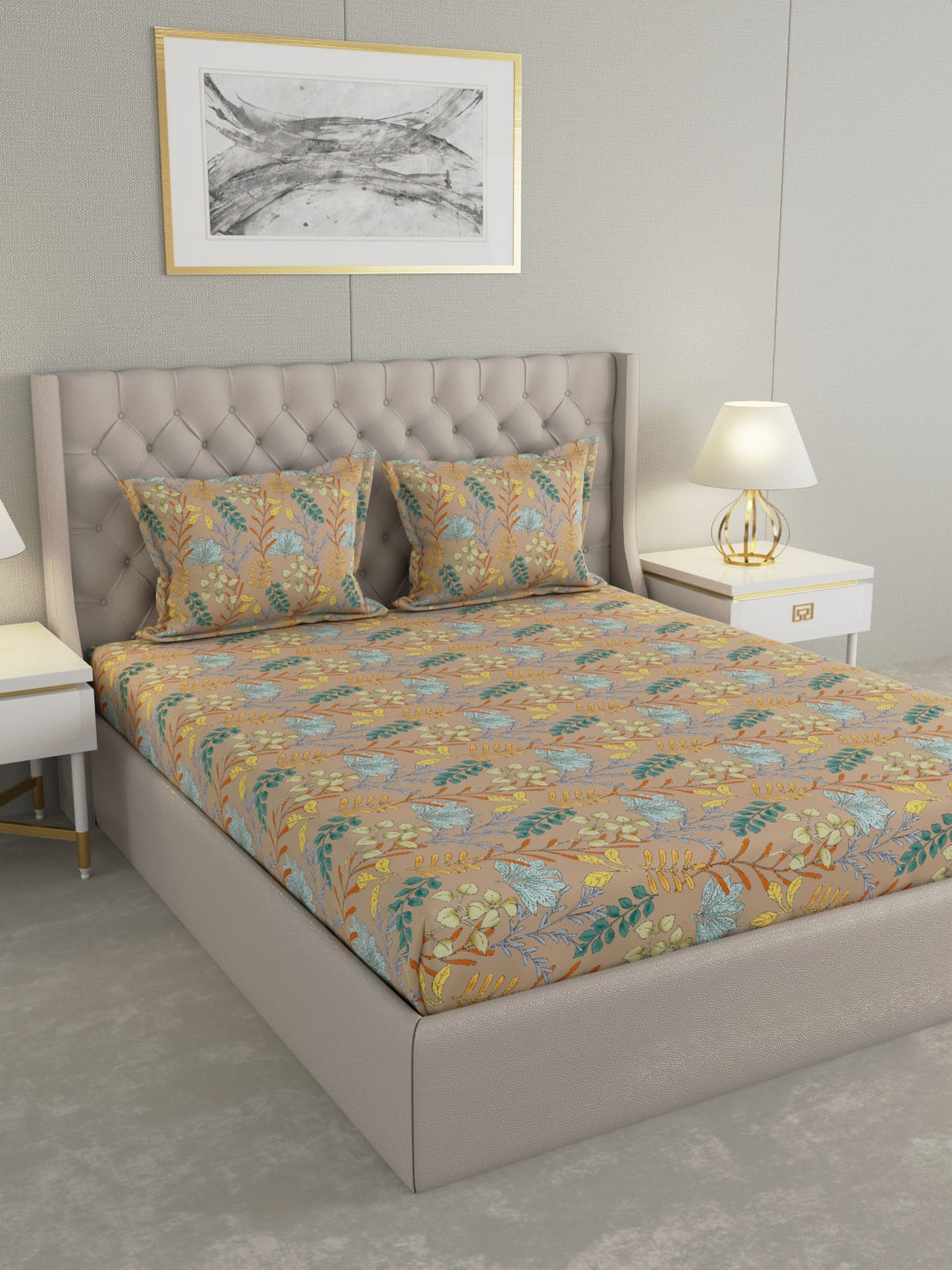 Raymond Home Memories Brown & Green Printed 100 TC Queen Bedsheet Set 2.25 m x 2.2 m