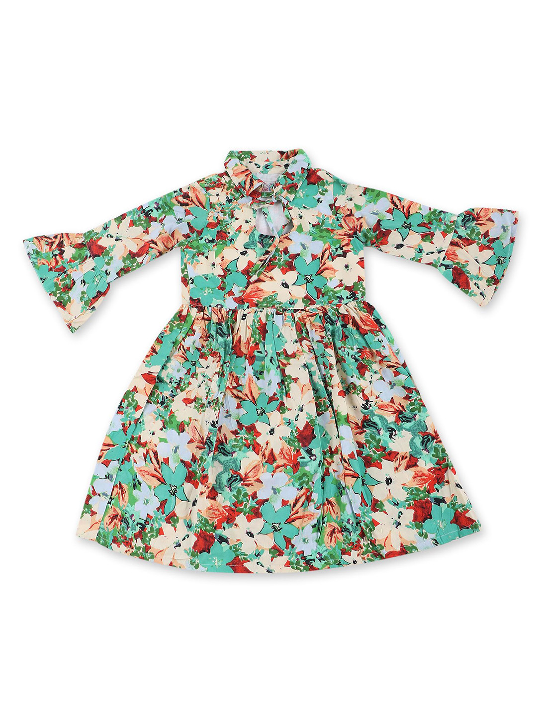 YOUNG BIRDS Girls Floral Printed Shirt Collar Bell Sleeve Fit & Flare Dress