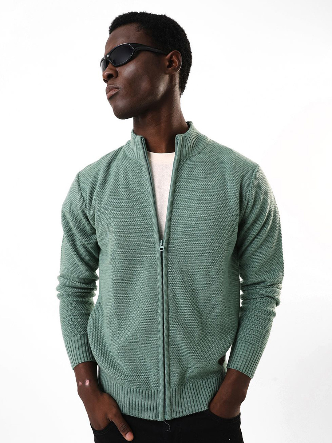 High Star Men Self Design Mock Neck Full Sleeve Zip Cardigan