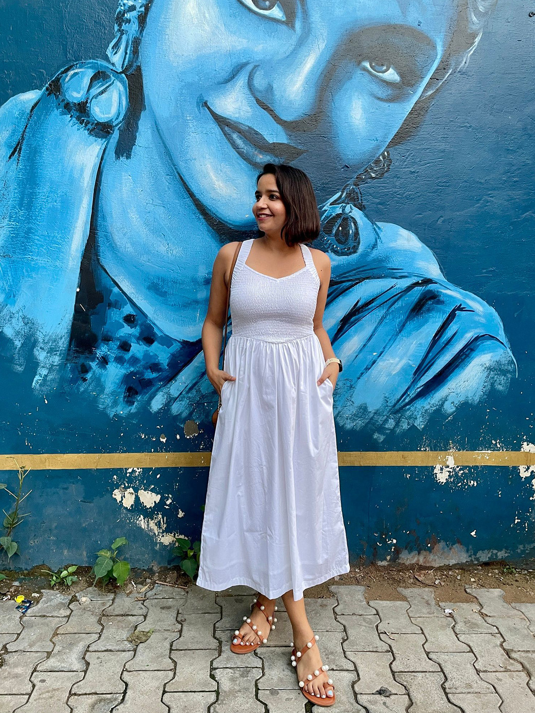 Label Tanvee Women White Smocked Cotton with Pockets Fit and Flare Midi Dress