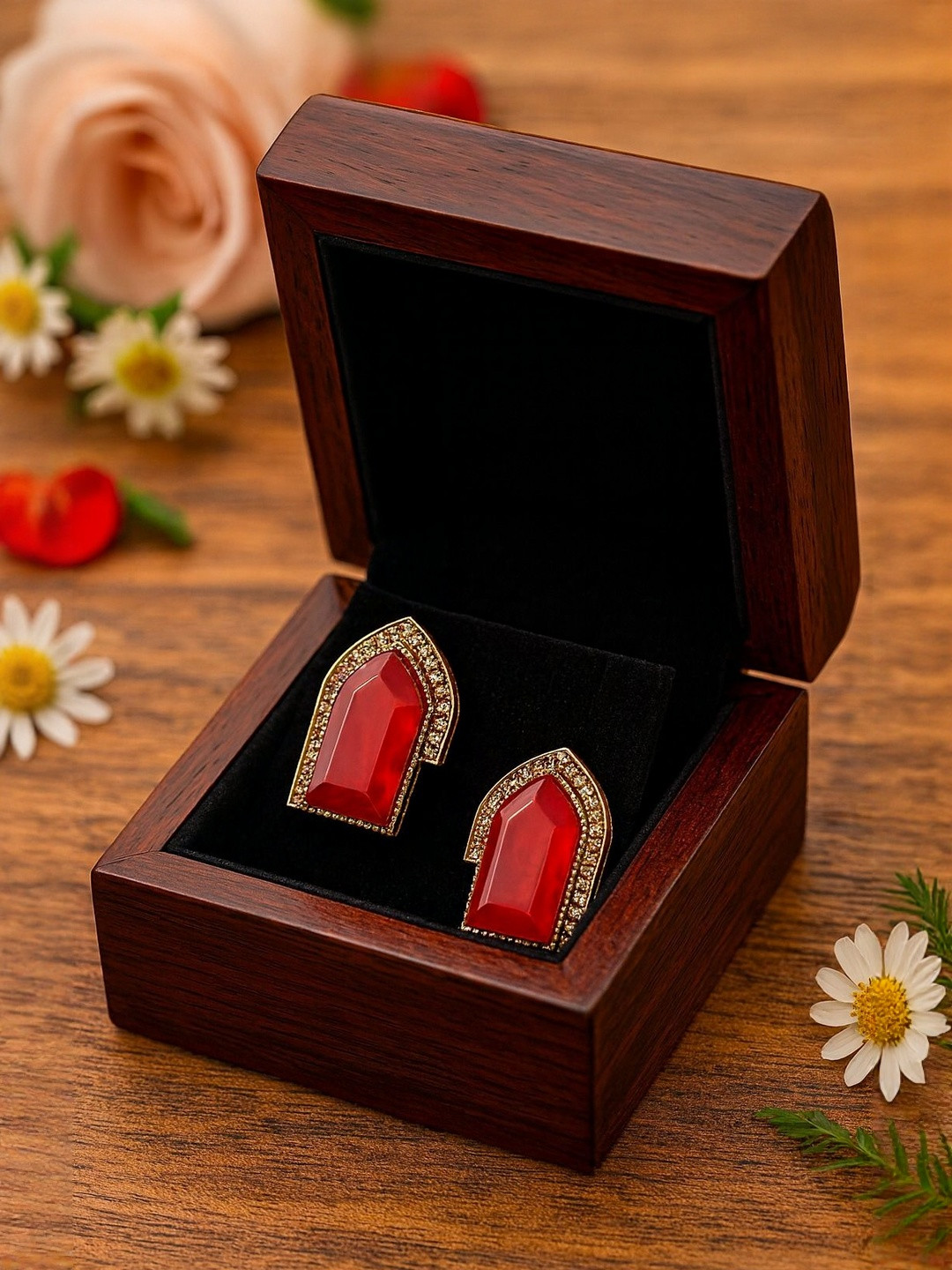 TJC Gold Plated Ruby And American Diamond Studded Geometric Shaped Antique Studs