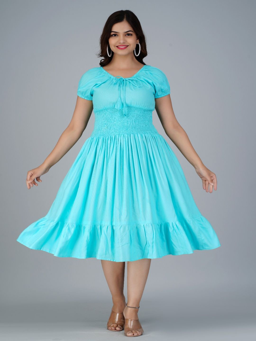 Fashion House Enterprises Tie-Up Neck Puff Sleeve Smocked Tiered Fit & Flare Midi Dress