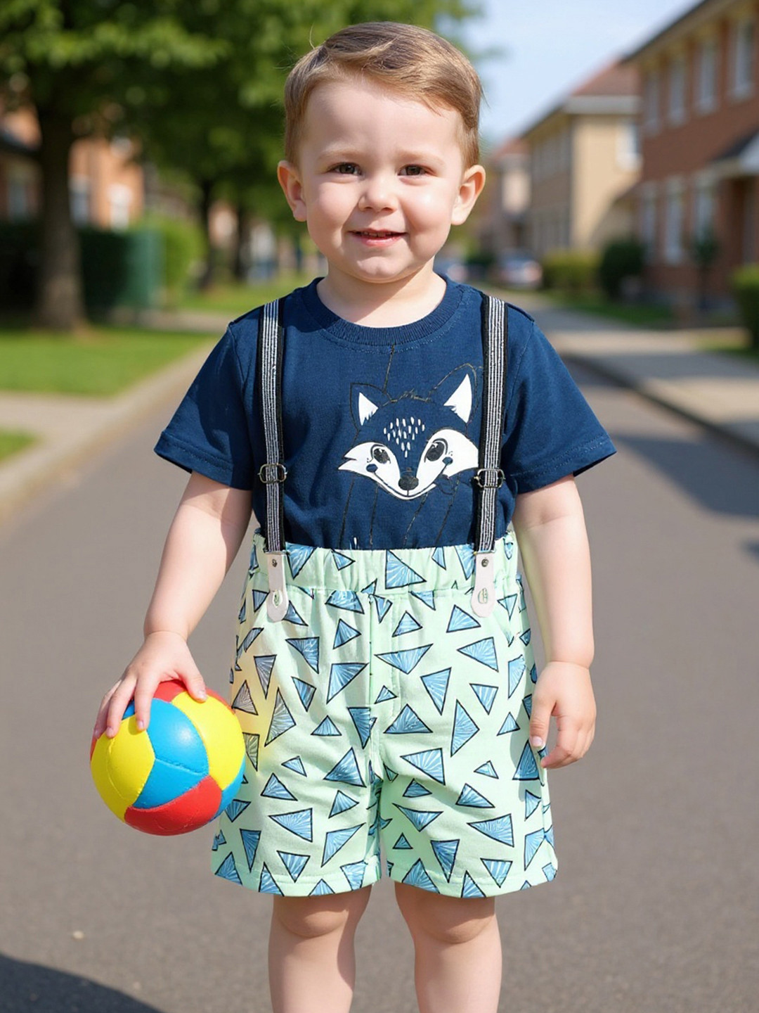 Kidszi Infant Boys Printed Pure Cotton T-shirt with Shorts & Suspenders