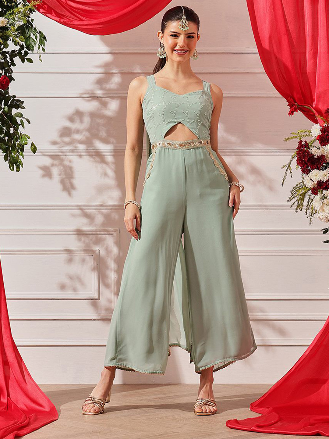 indo street Women Self Design Embroidered Sleeveless Basic Jumpsuit