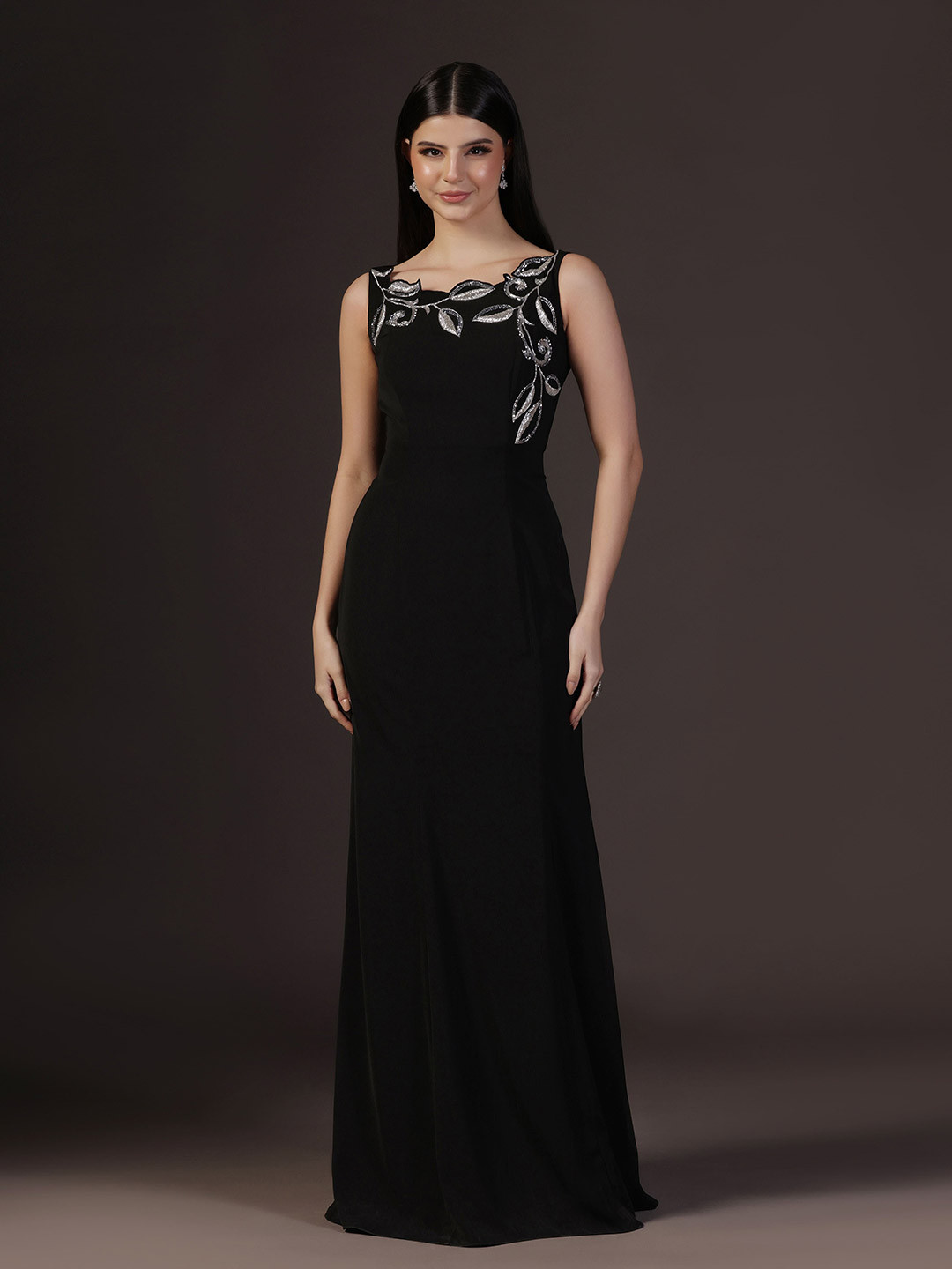 Pooja Peshoria Women Solid Embellished Boat Neck Gown Maxi Dress