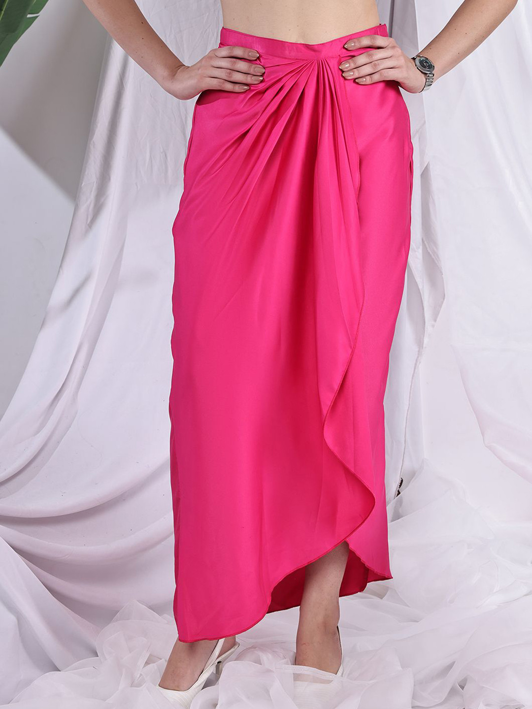 NEUDIS Women Asymmetric Hem Gathered or Pleated Wrap Maxi Skirt