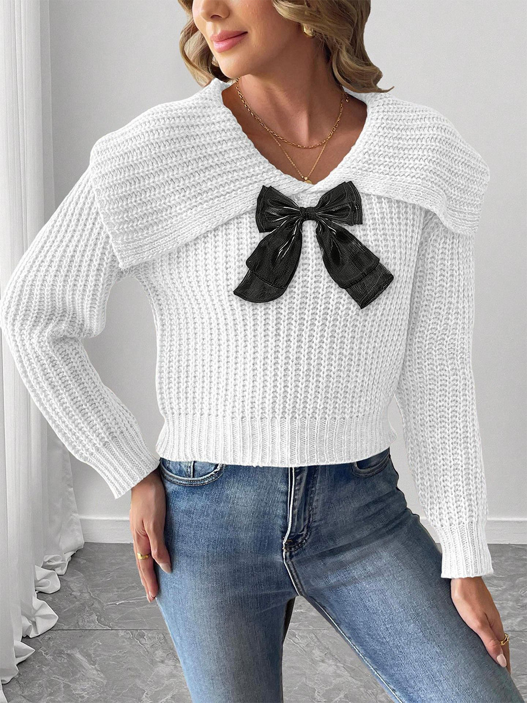StyleCast x Revolte Women Self Design Long Peter Pan Collar Pullover Sweaters
