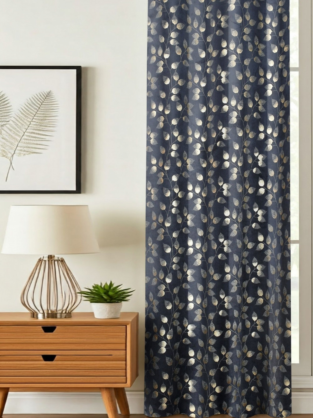 GEET CREATIONS Navy Blue & Gold-Toned Floral Room Darkening Door Curtain