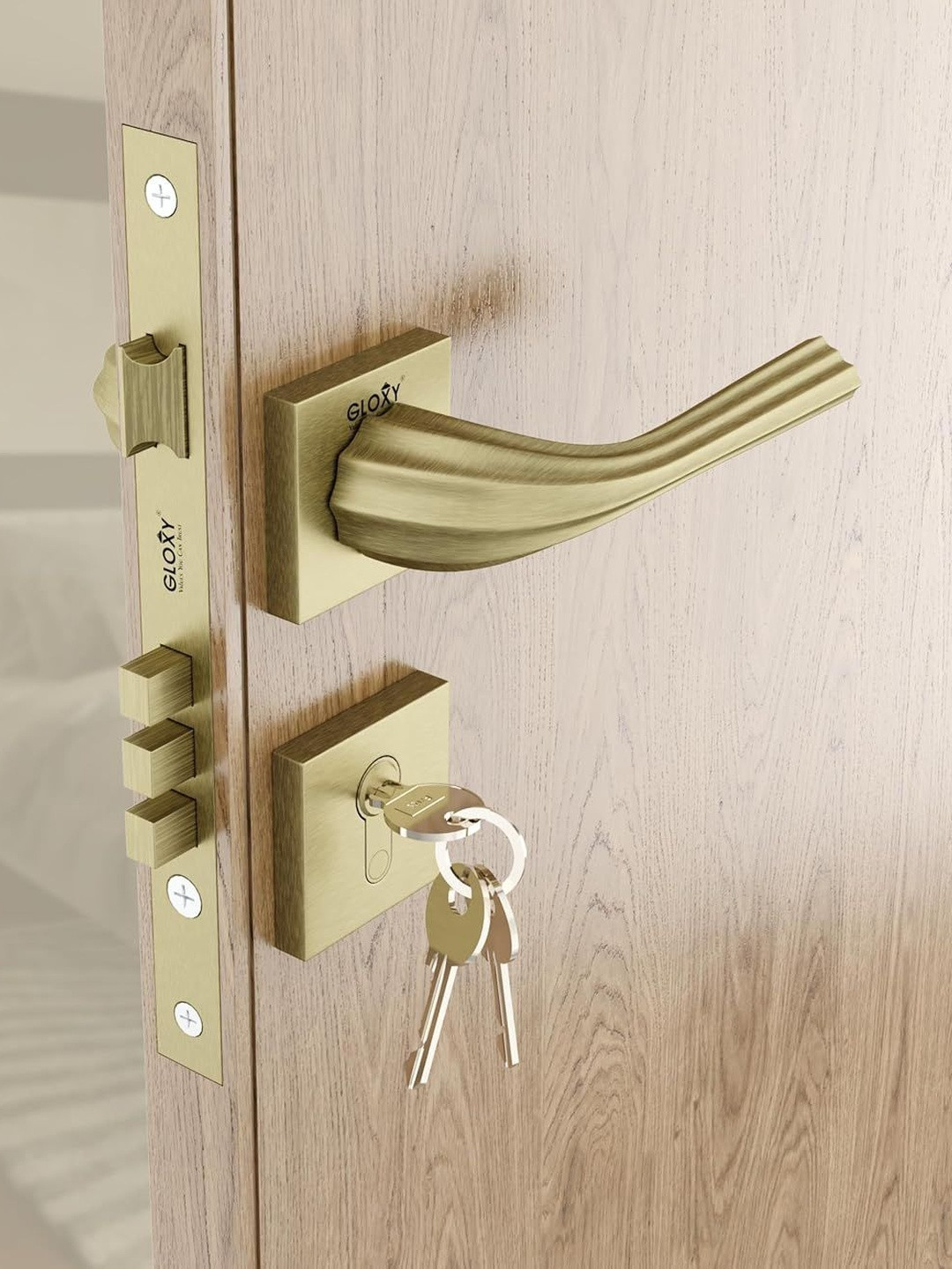 GLOXY Chrome Finish Brown Toned Brass Mortise Door Lock Set With 3 Brass Key