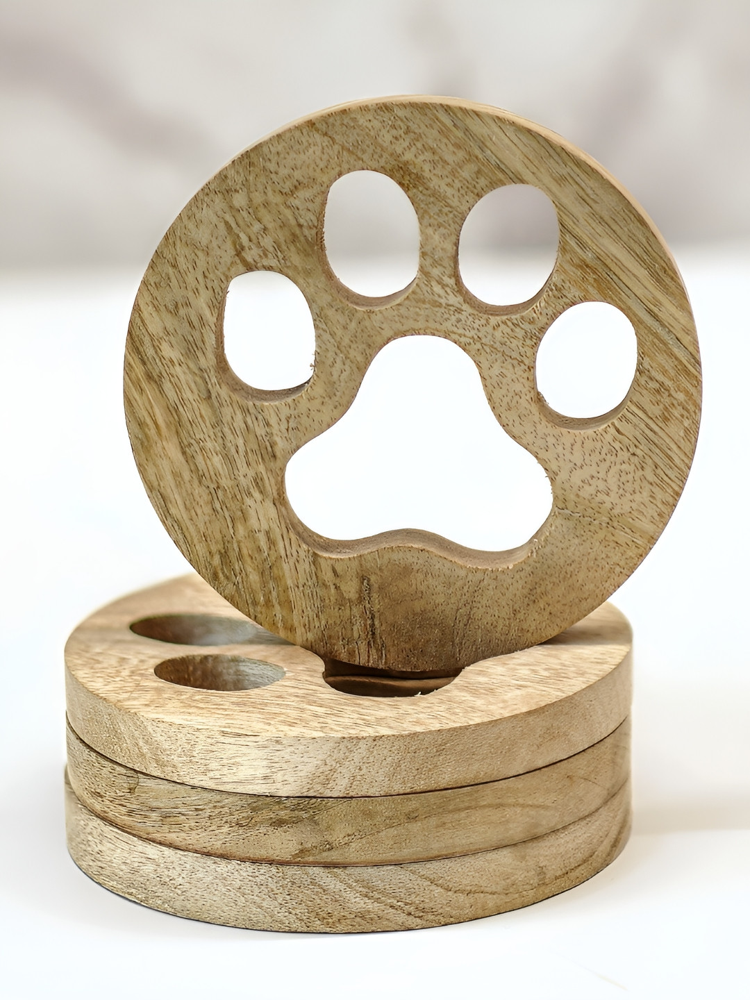 BEHOMA Brown 4 Pieces Paw Pattern Design Wooden Coasters