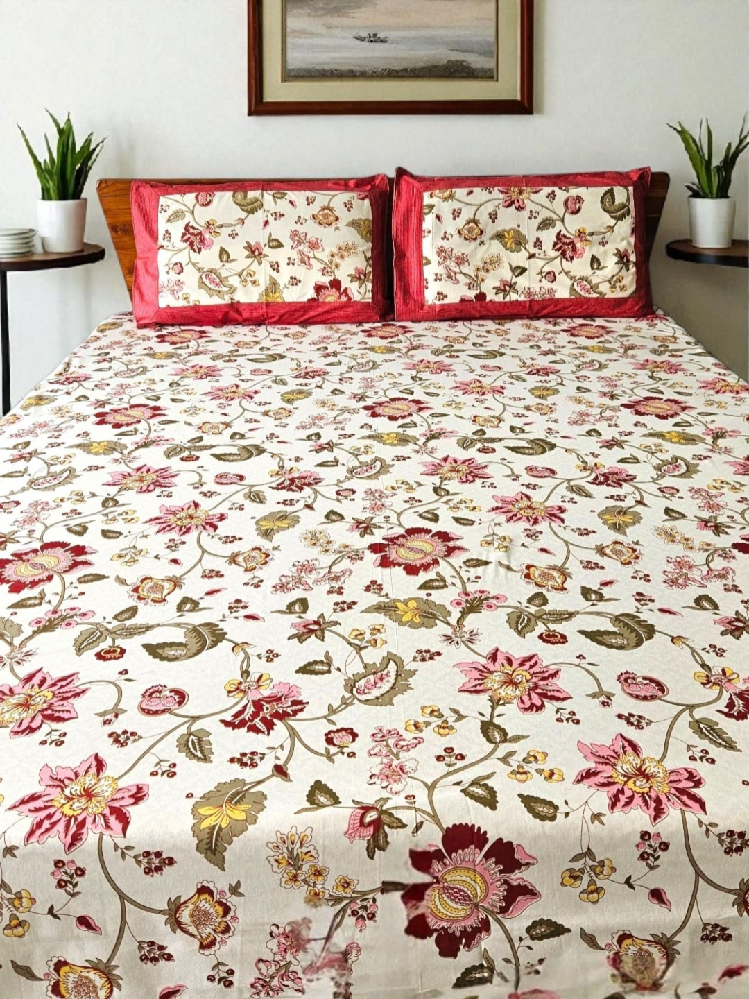 Feels Like Home Red & White Floral 220 TC Bedsheet Set 2.73 m x 2.73 m