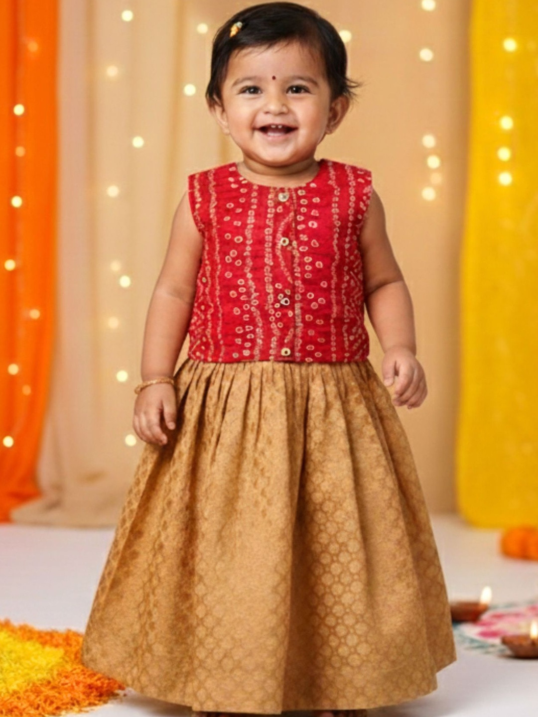 Sangria Girls Printed Ready to Wear Lehenga & Pink Bandhani Blouse