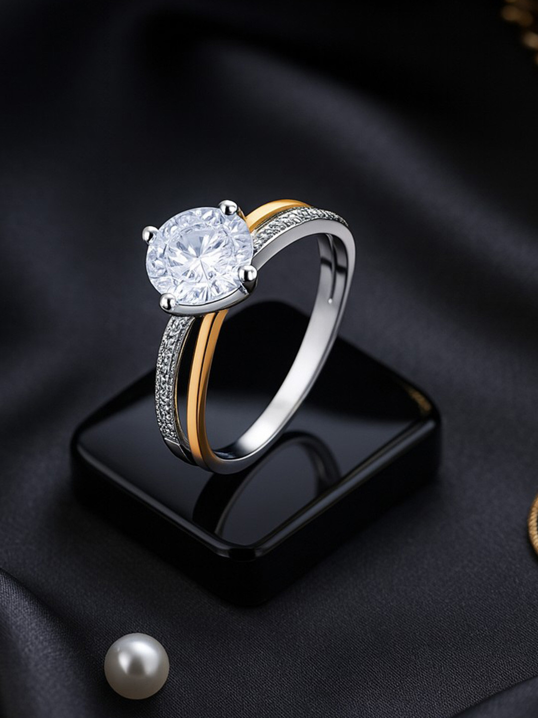 Nipura 925 Sterling Silver Rhodium-Plated CZ Studded Dual Band Solitaire Finger Ring