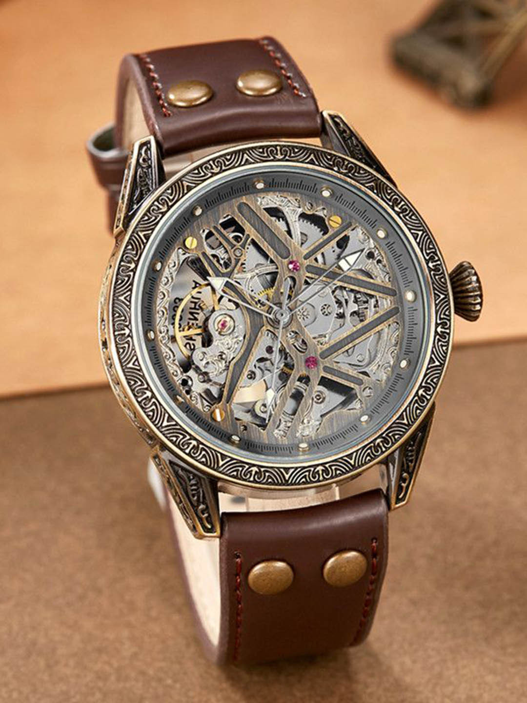 Poshi Classical Men Skeleton Dial Leather Straps Motion Powered Watch POSW09-726061610925