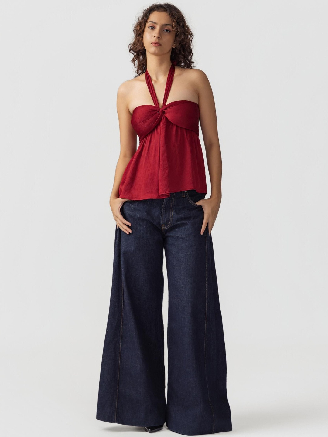 Past Modern Women Solid Halter Neck Twisted Top