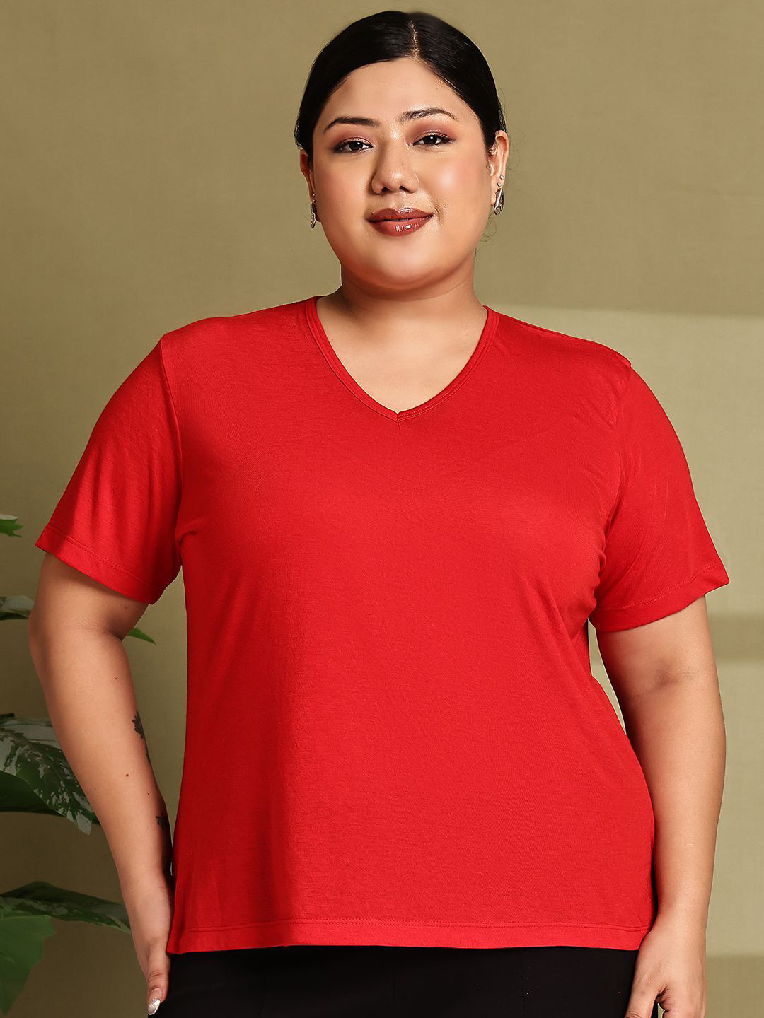A AND K Women Plus Size Solid V-Neck Cotton T-shirt