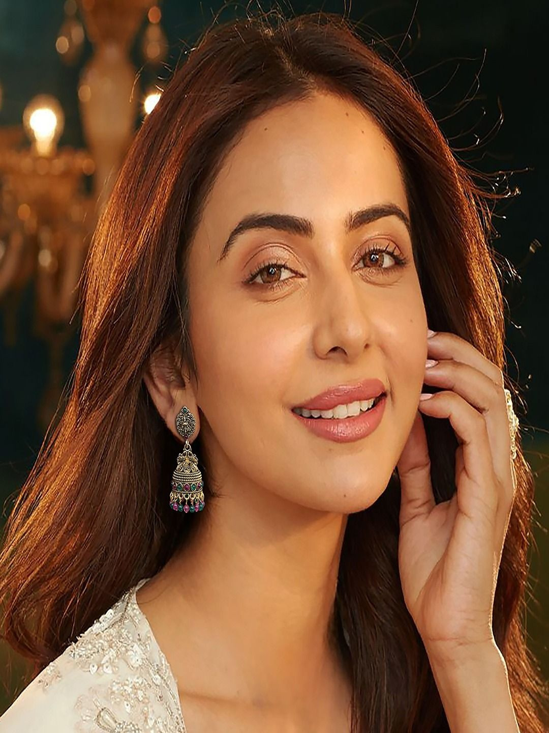 AccessHer Women Pink & Green Gold-Plated Maha-Lakshmi Motif Alloy Jhumka Earrings