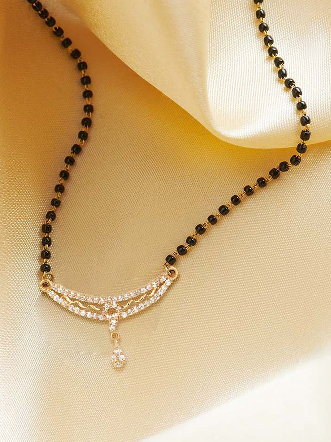 DIVASTRI Gold-Plated American Diamond With CZ Stone Studded & Beaded Pendant Mangalsutra