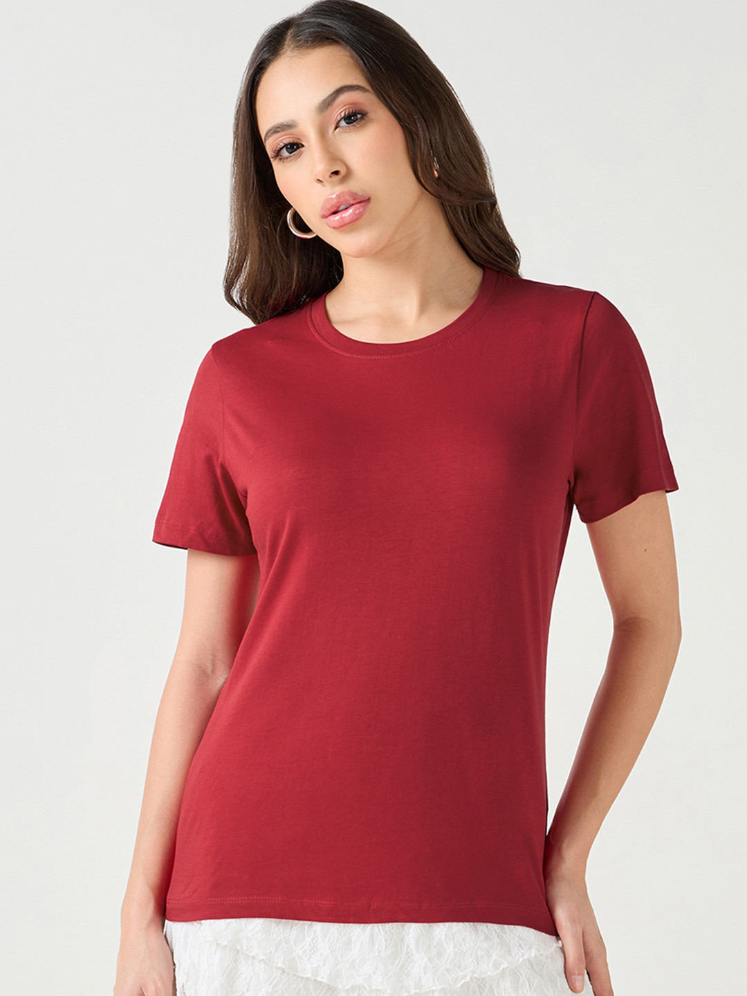 Bewakoof Women Red Solid Round Neck T-shirt