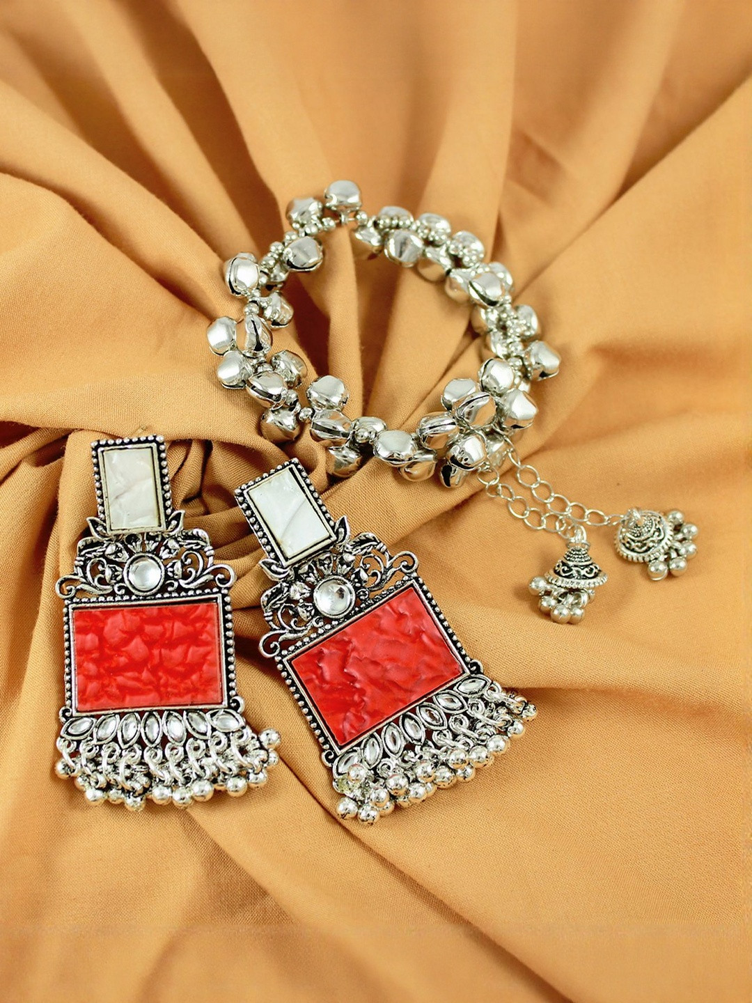 JFL - JEWELLERY FOR LESS Women Silver  Oxidised Kundan Studded Earrings with Bracelet