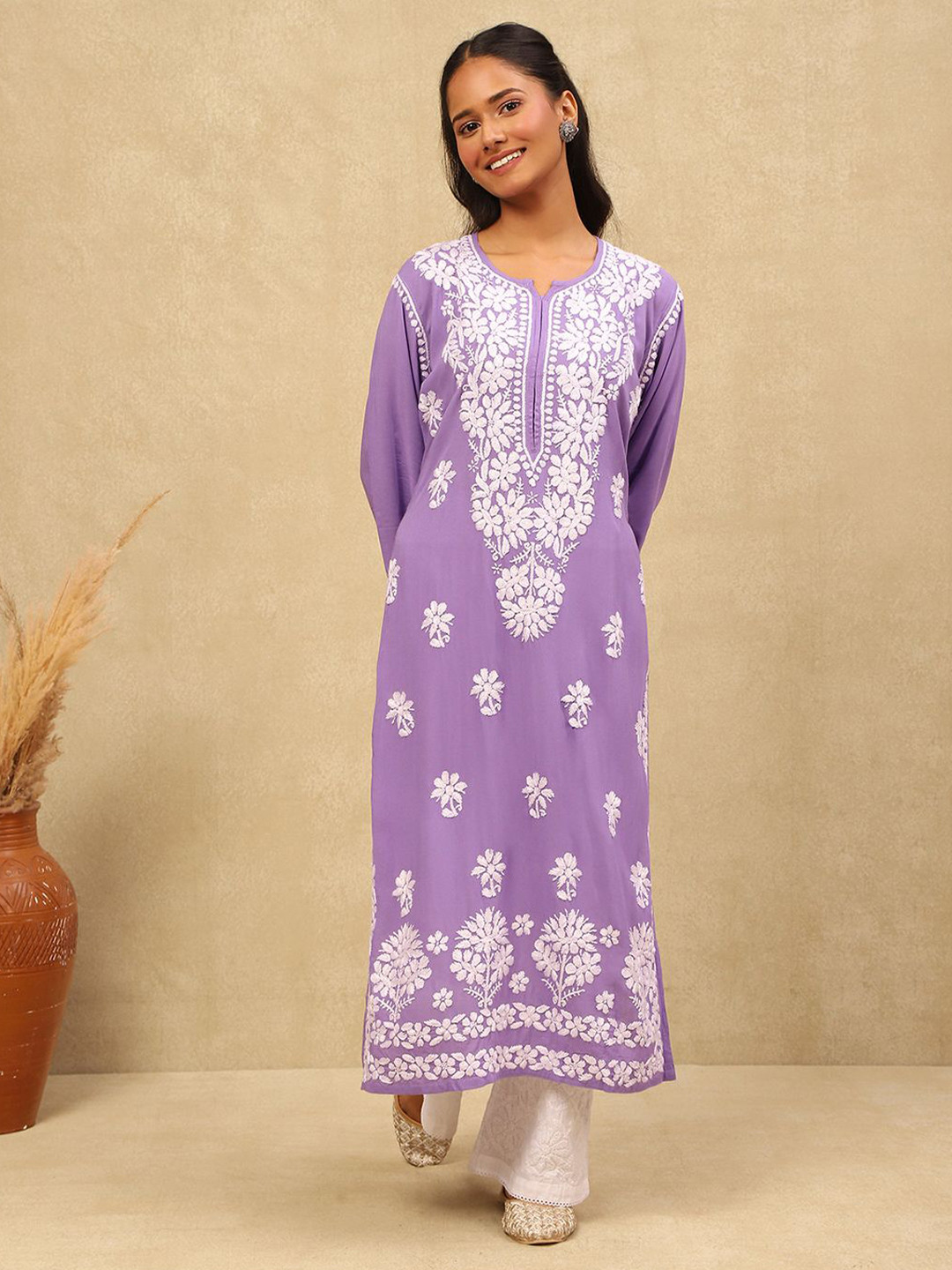 House of Chikankari Women Purple Modal Embroidered Chikankari Kurta