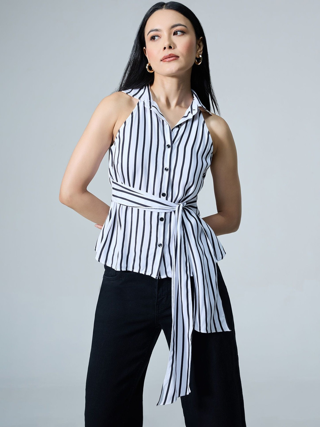 20Dresses Striped Halter Neck Monochrome Shirt Style Top
