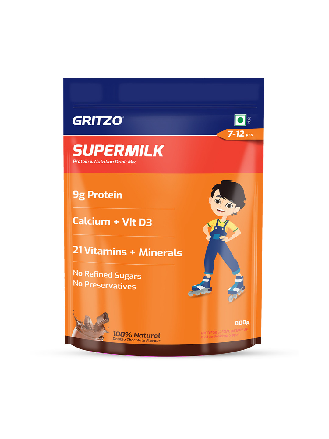 Gritzo SuperMilk Daily Nutrition 8-12y Young Athlete 9g Protein-Double Chocolate-1kg