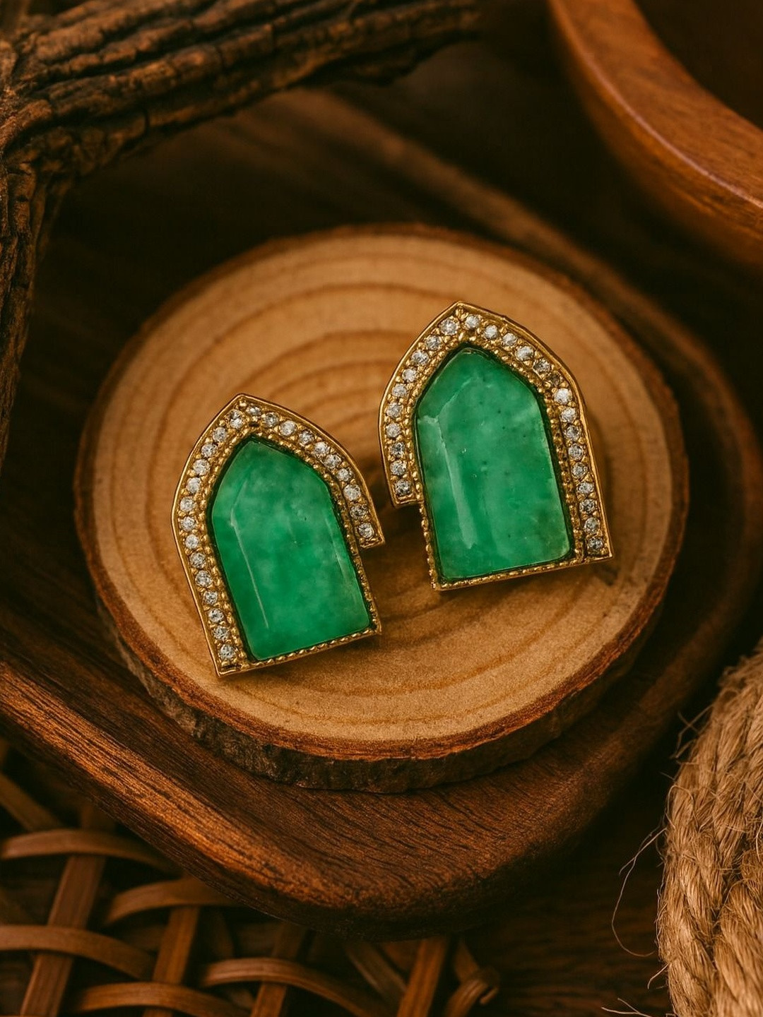 TJC Gold Plated Ruby And American Diamond Studded Geometric Shaped Antique Studs