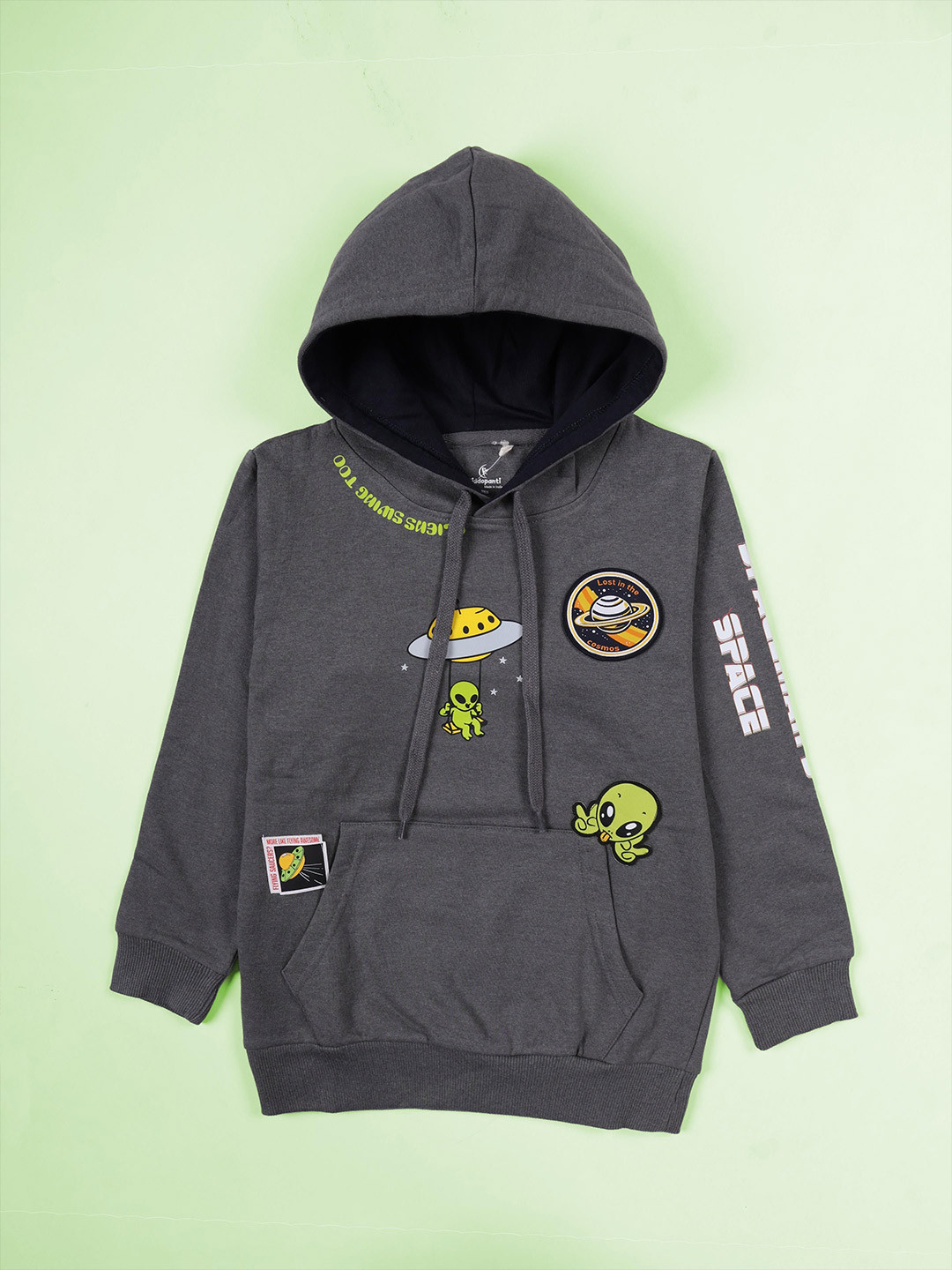 KiddoPanti Boys Alien & UFO Printed Hooded Pullover Sweatshirt