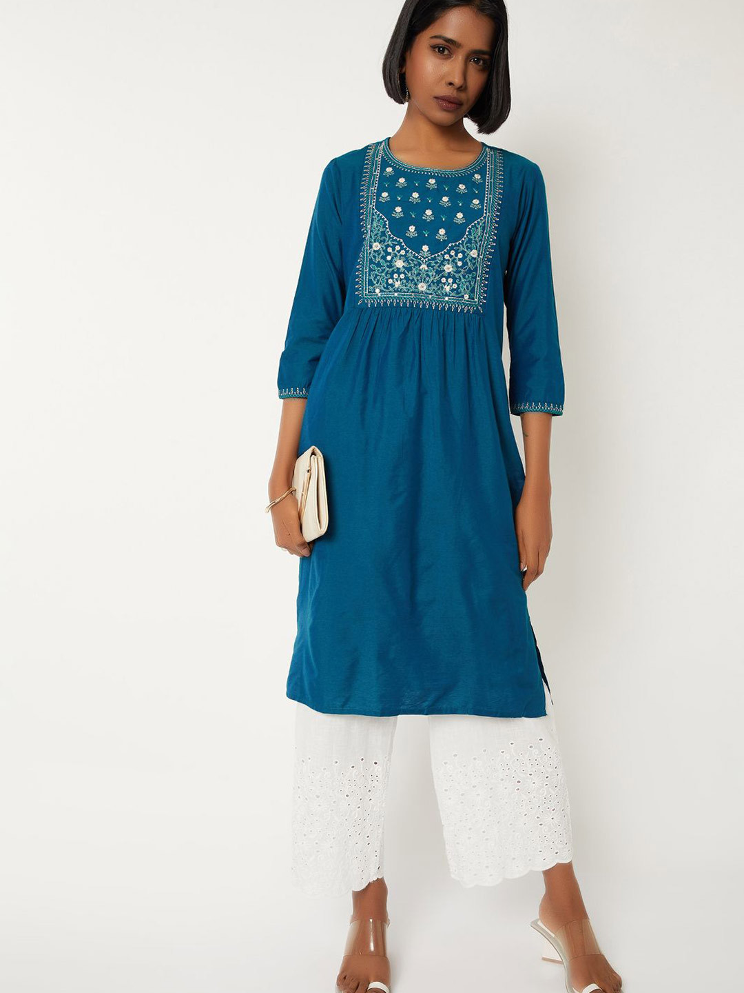 max Round Floral Yoke Design Round Neck Thread Work Layered A-Line Kurta