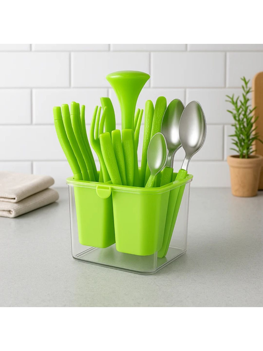 DeoDap Green Pack Of 24 Plastic Cutlery Set With Holder