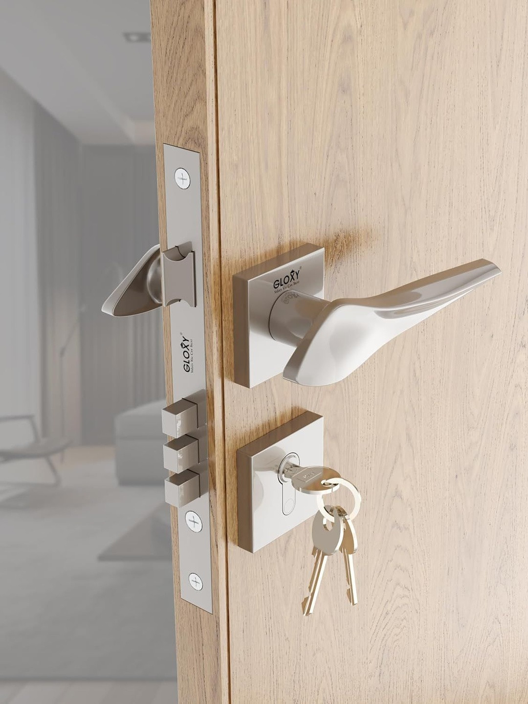 GLOXY Brass Mortise Satin Finish Door Lock Handle Set with Brass Lock Body Set with 3 Key