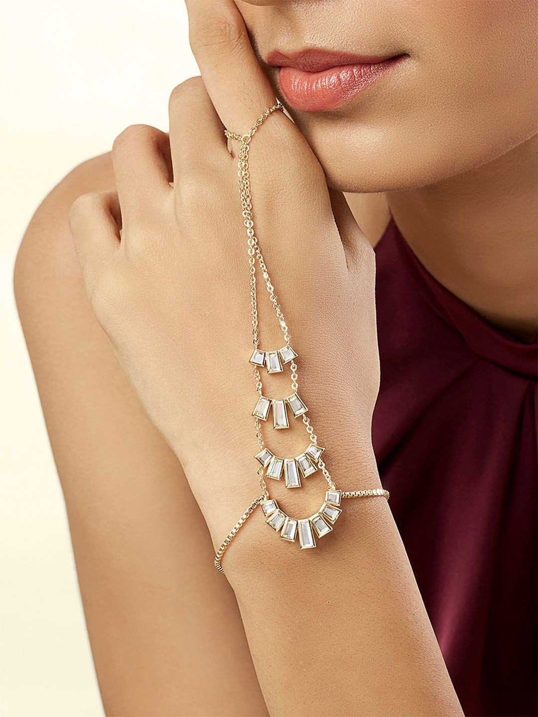 Isharya Women 18Kt Gold-Plated Artificial Stones Studded Hand Harness Link Bracelet