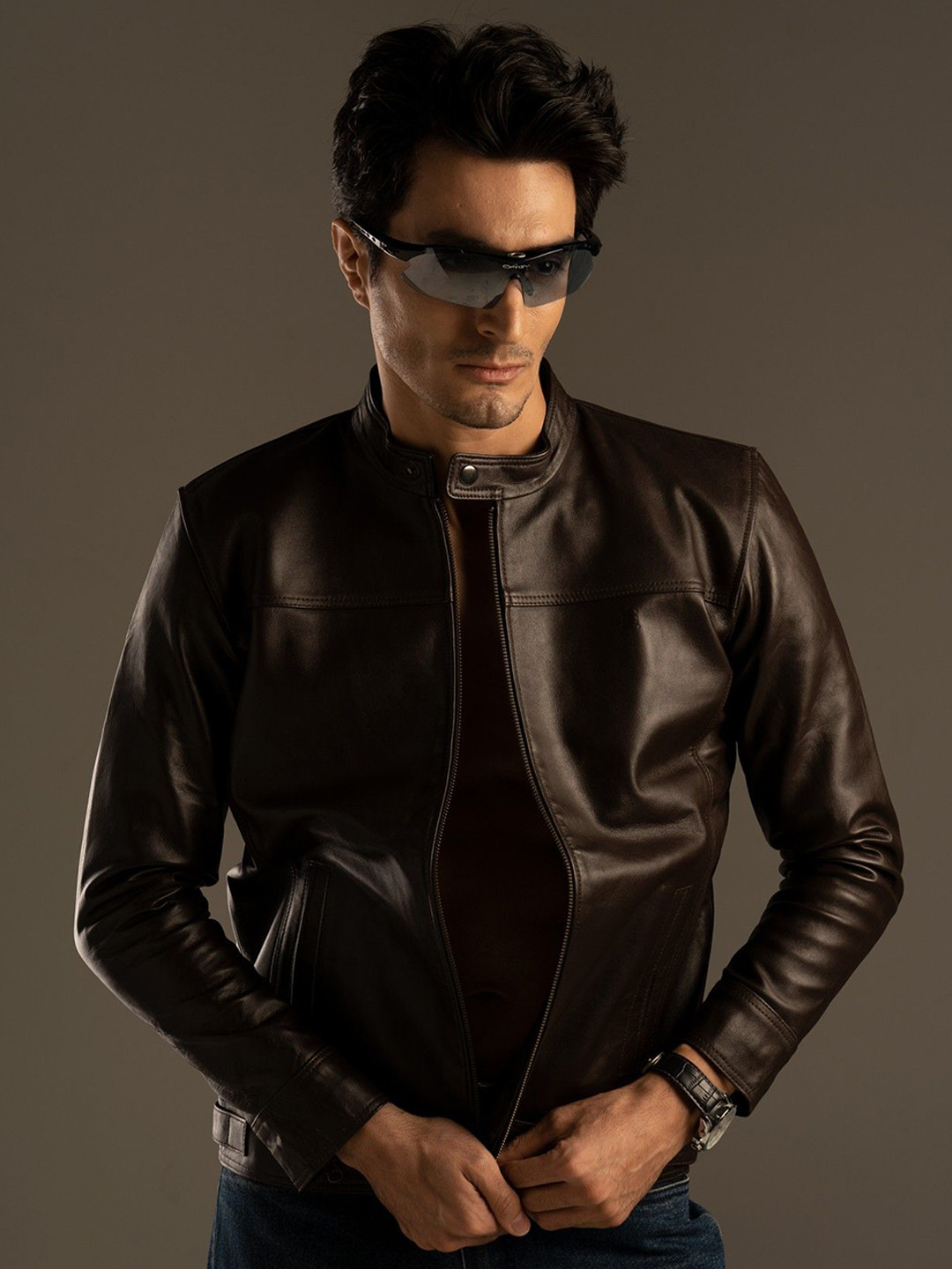 Tortoise Mandarin Collar Lightweight Leather Jacket