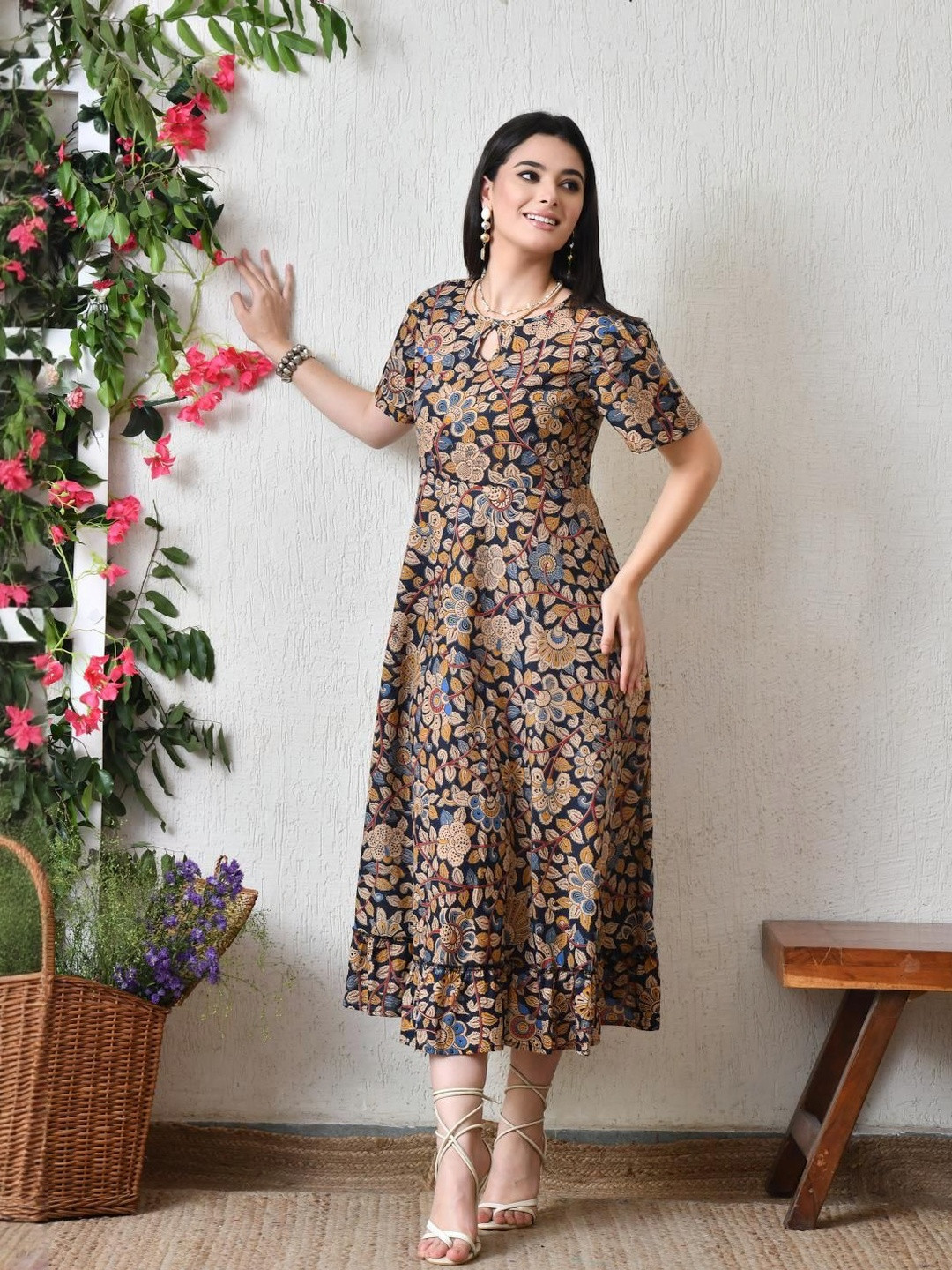 Sangria Women Ethnic Motifs Printed Ruffled Keyhole Neck Fit & Flare Midi Dress