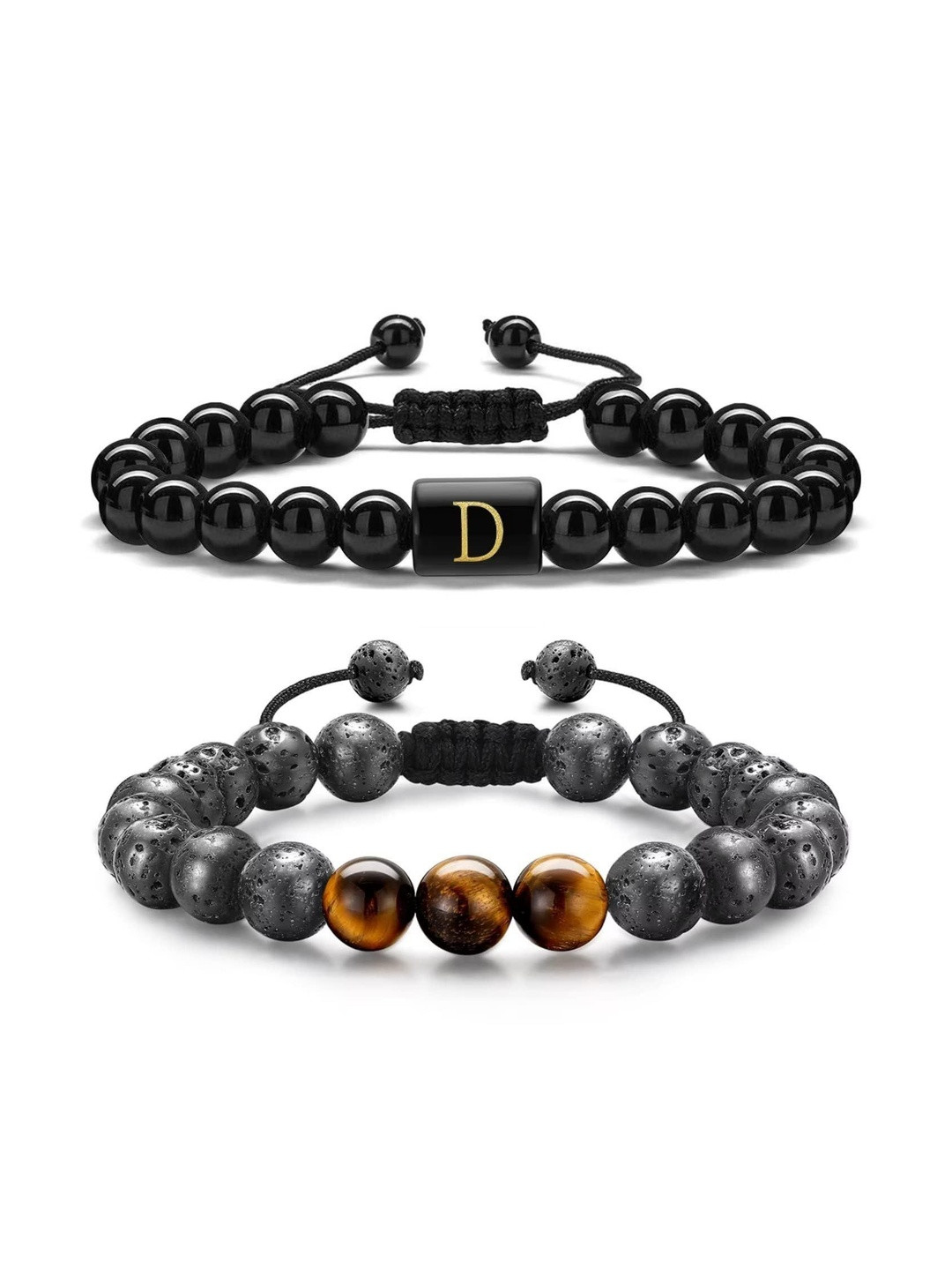 EDMIRIA Men 2 pcs Ceramic Lava Rock & Tiger Eye Stone Beads with Initial Letter Bracelet